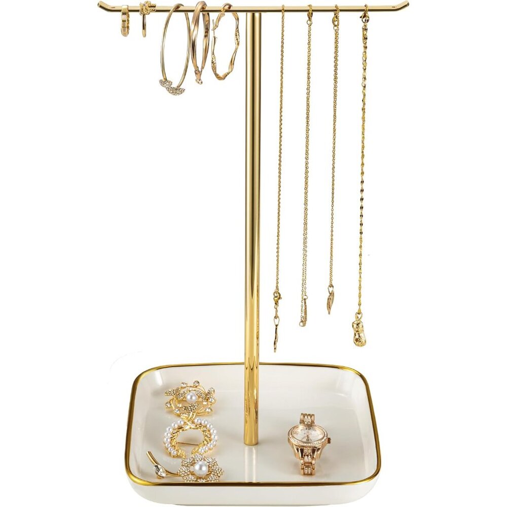 Jewelry Holder Stand with Ceramic Base: 12" Tall Necklace Organizer Rack, Tree D